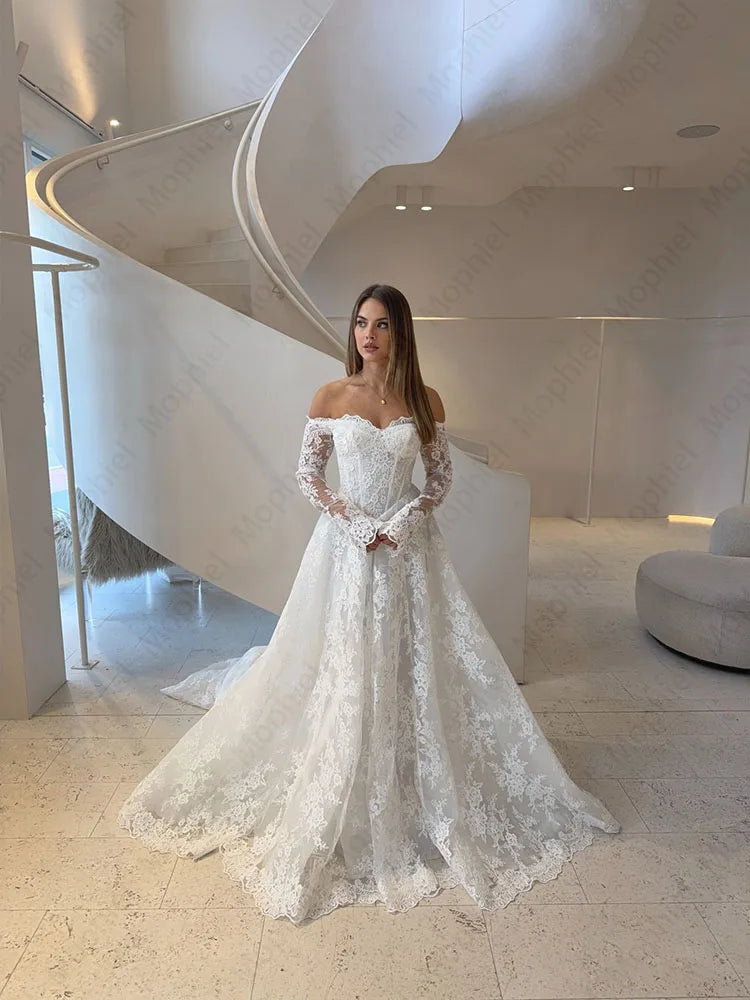 Elegant Wedding Dresses Off Shoulder Long Sleeves Lace Bride Dress for Women Sweep Train A Line White Bridal Gowns Customized
