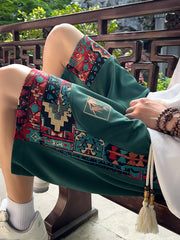 Men's ethnic embroidery pattern shorts with pockets, summer casual drawstring shorts, suitable for outdoor and beach casual wear