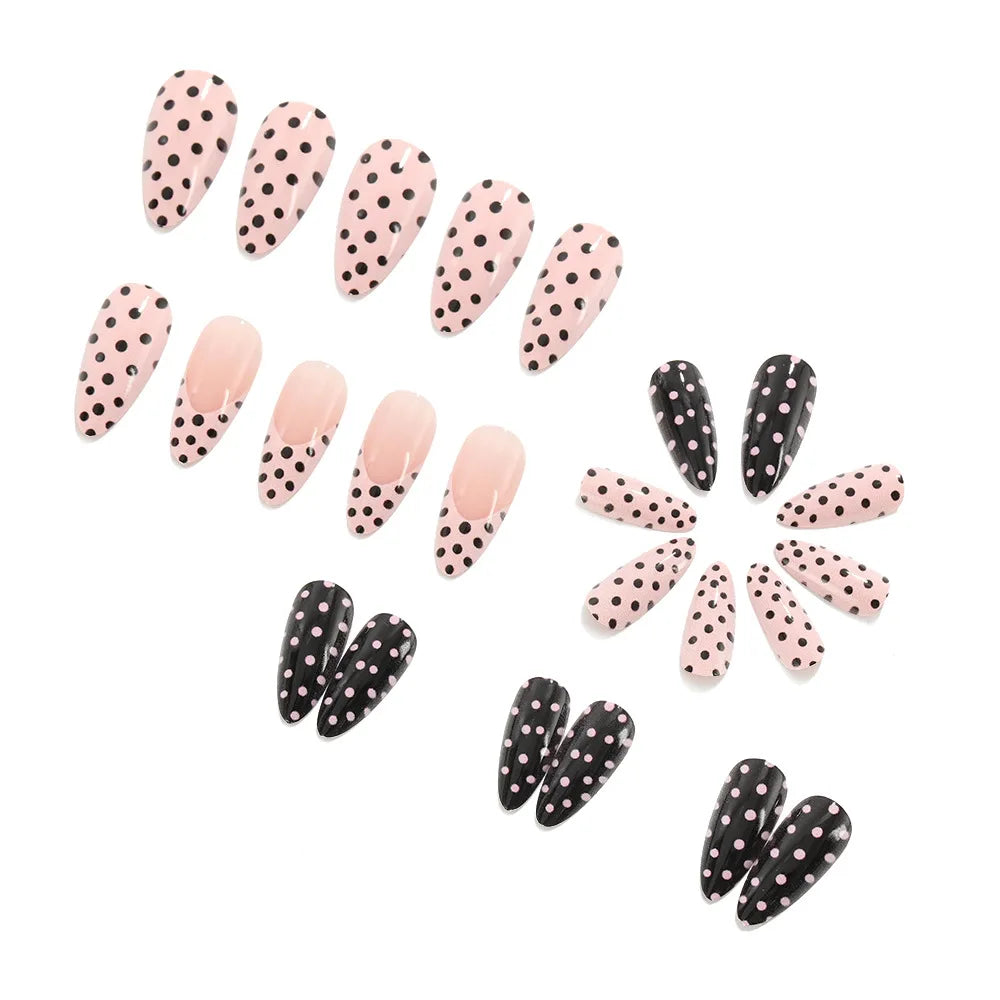 Medium long fake nails for women girls pink white black red blue brown polka dots design almond ballet tips press on false nail