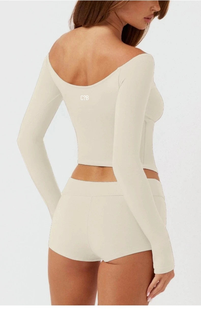 C-B Women's Yoga Set: Long-sleeved V-neck T-shirt & High-waisted Cuffed Shorts & Leggings, Suitable for Gym Workouts.