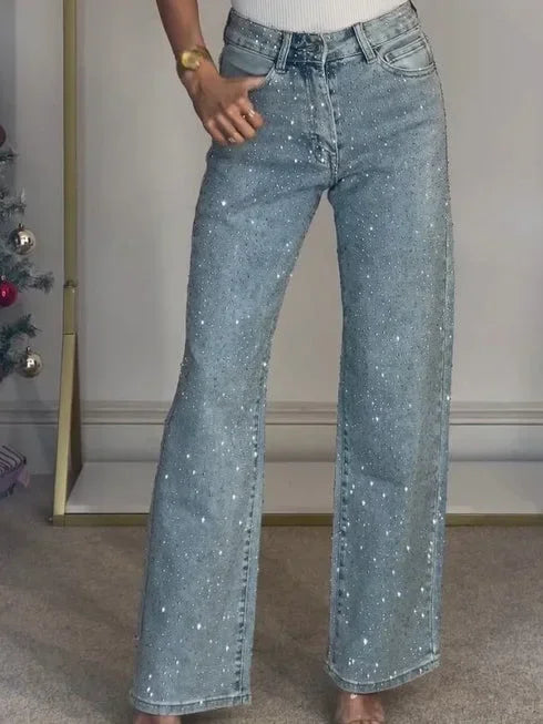 2025 Women Jeans Straight Diamonds Pants Stretch High Waist Washed Mom Jeans Y2k Streetwear Trousers Vintage Denims Streetwear