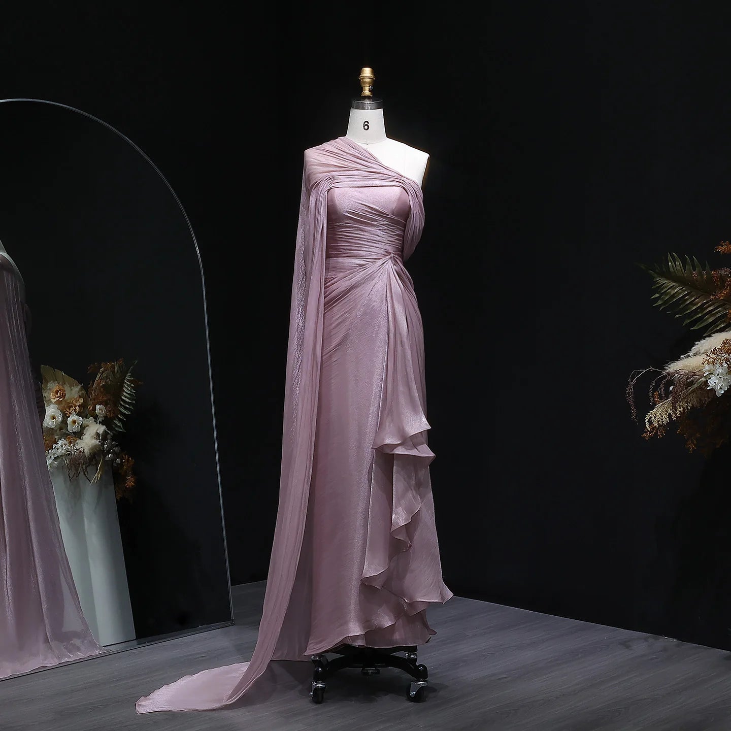 Lilac Draped One Shoulder Evening Gown