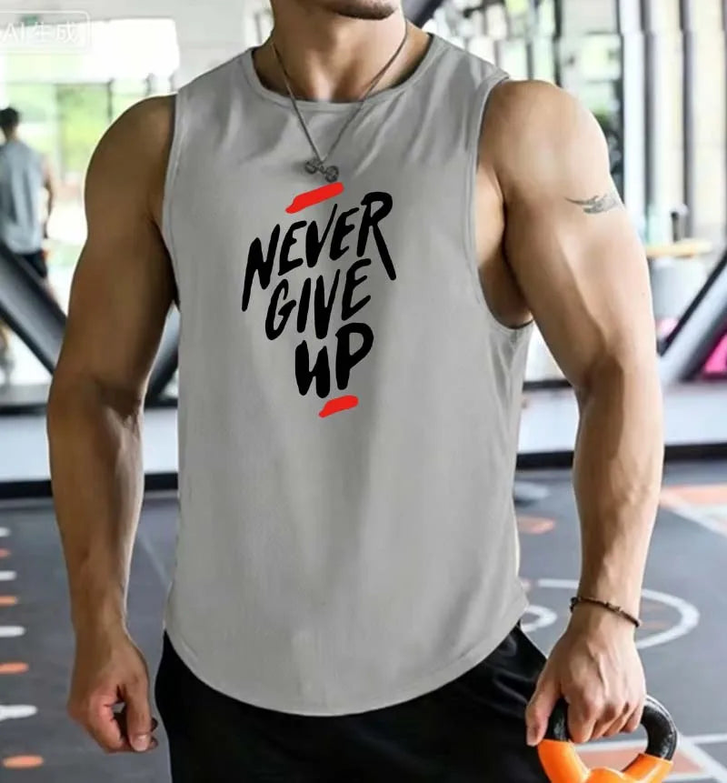 Men's Summer Fitness Muscle Sports Tank Top Breathable Moisture Wicking Loose Sleeveless Quick Dry Training T-Shirt Letter Print