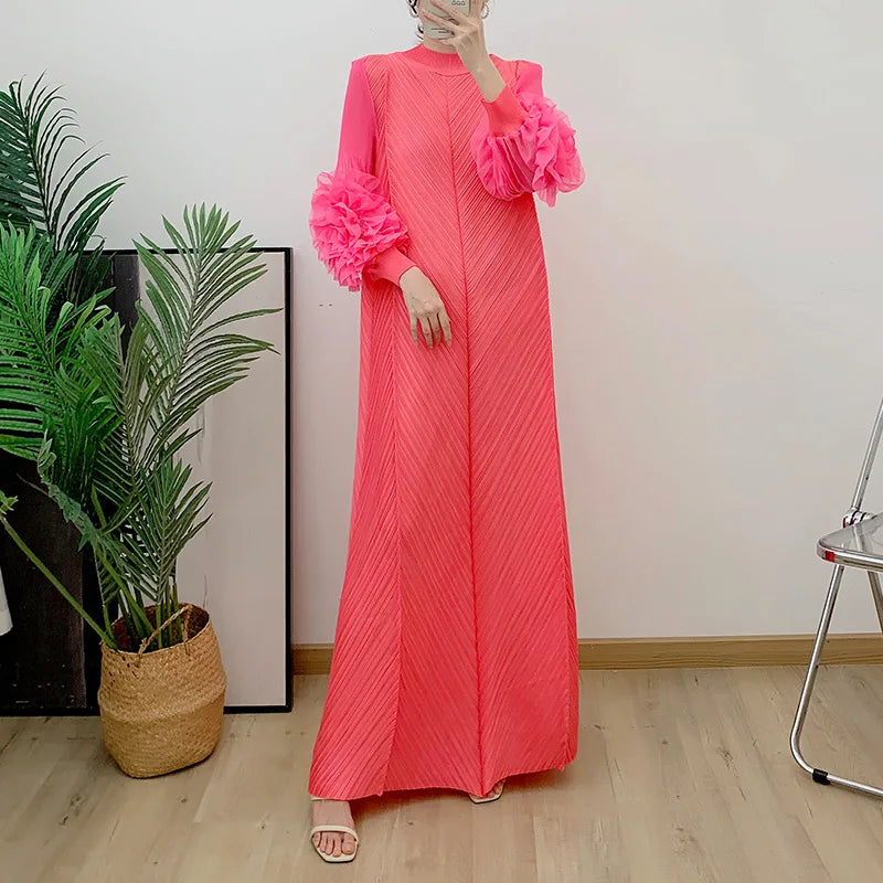Women Elegant Evening Party Dresses 2025 Summer New Solid Colour Classic Long Sleeve Plate Flower Design Prom Dresses Female