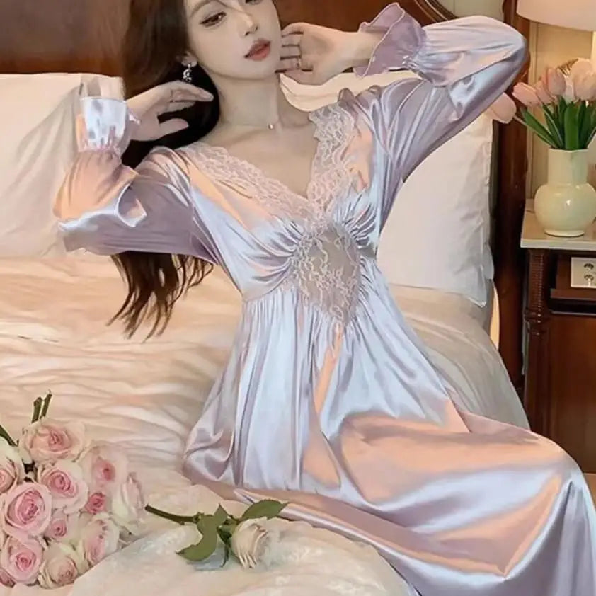 Female Long Nightdress Retro French Court Style Princess Nightgown Sleepwear Spring Summer Loose Rayon Home Clothes Lounge Wear