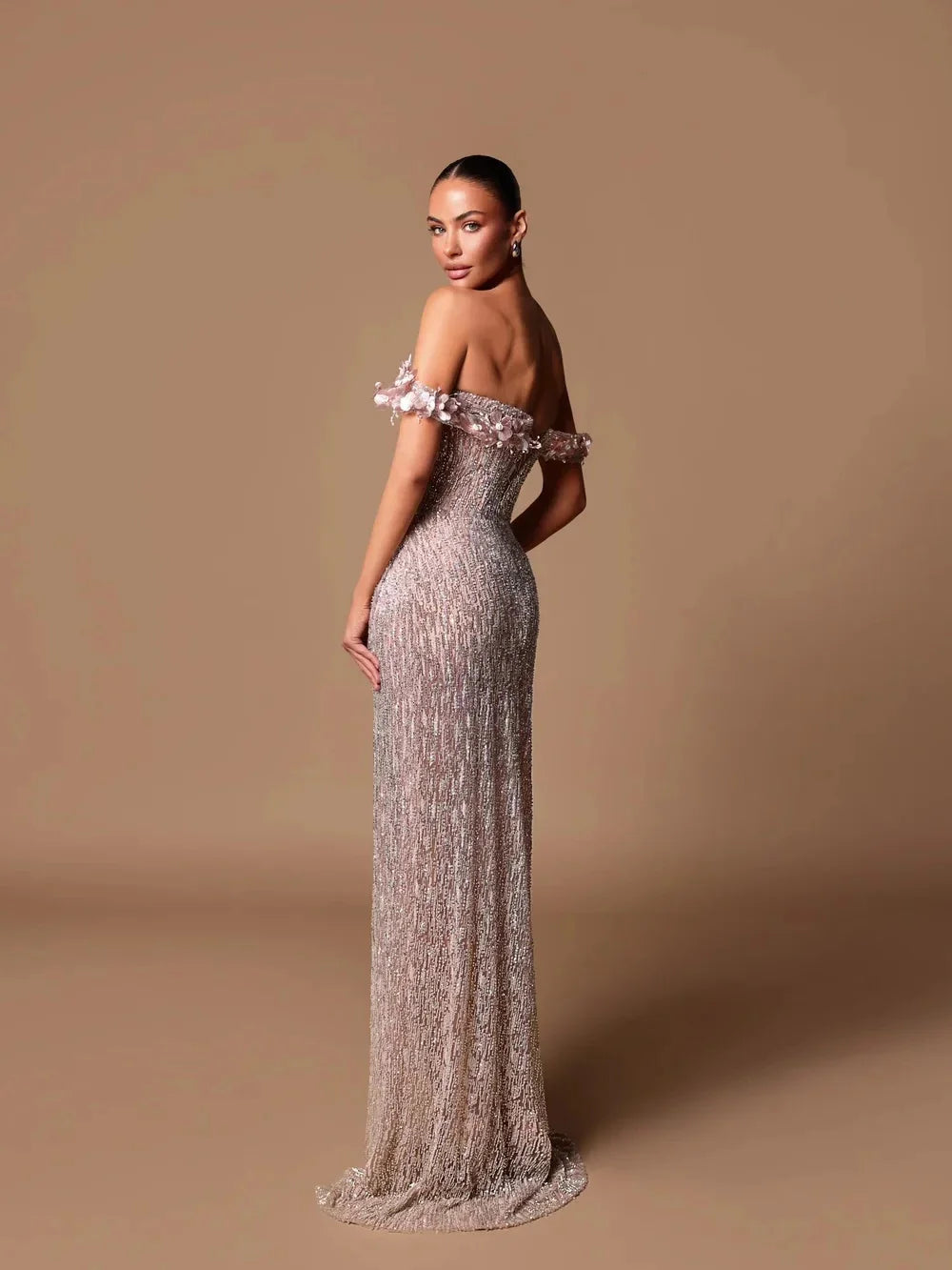 Elegant Off The Shouldre Evening Dresses Sexy Floral Appliques Sequined Prom Dress Customized High Side Slit Party Gown