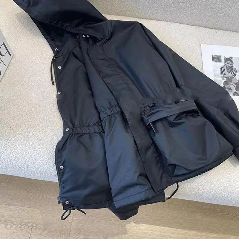 Black jacket for women 2025 autumn new hooded drawstring high-end thin jacket top