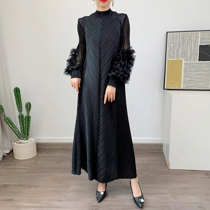 Women Elegant Evening Party Dresses 2025 Summer New Solid Colour Classic Long Sleeve Plate Flower Design Prom Dresses Female