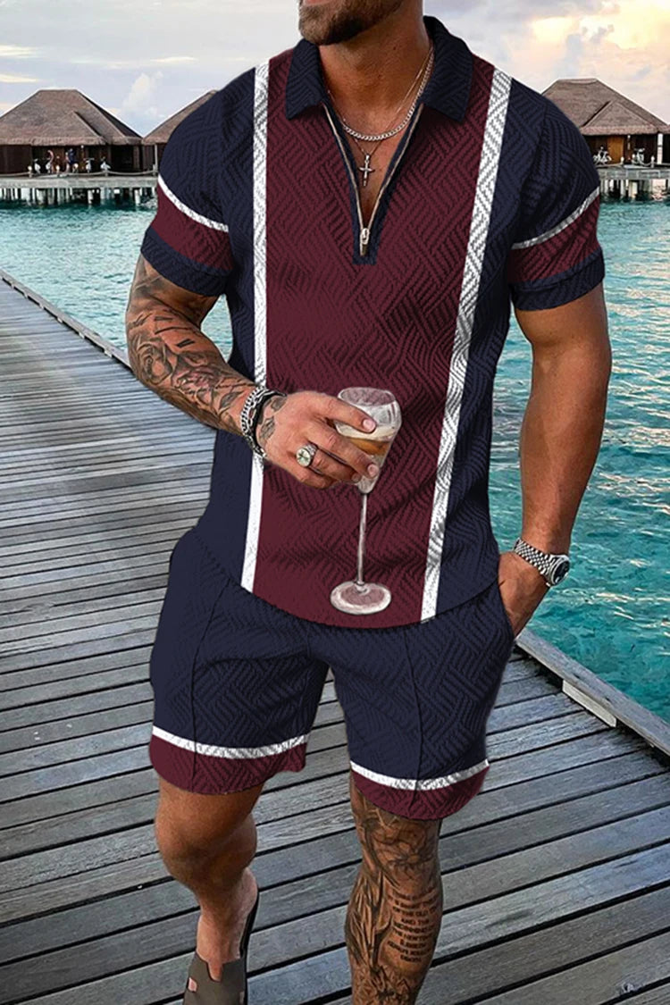 Summer Men's Tracksuit Short Sleeve Polo Shirt Set Fashion Luxury Chain Print Clothing 2 Pieces Casual Suit Streetwear Outfit