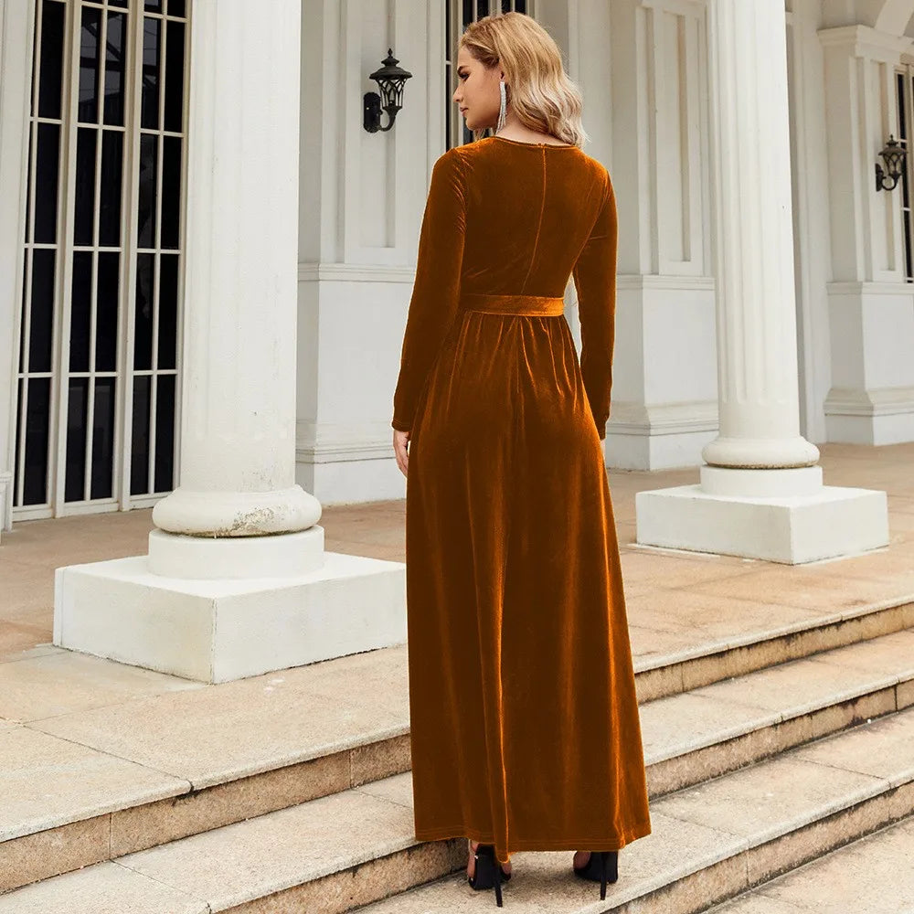 Women's Elegant A-Line Velvet Dress for Wedding Guest Prom Party Wedding Party, Long Sleeve Round Neck Belted Full Skirt