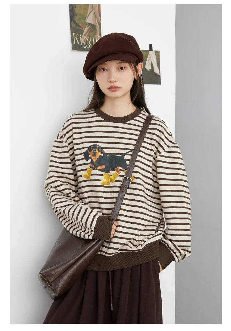 Striped Dog Print Loose Tee