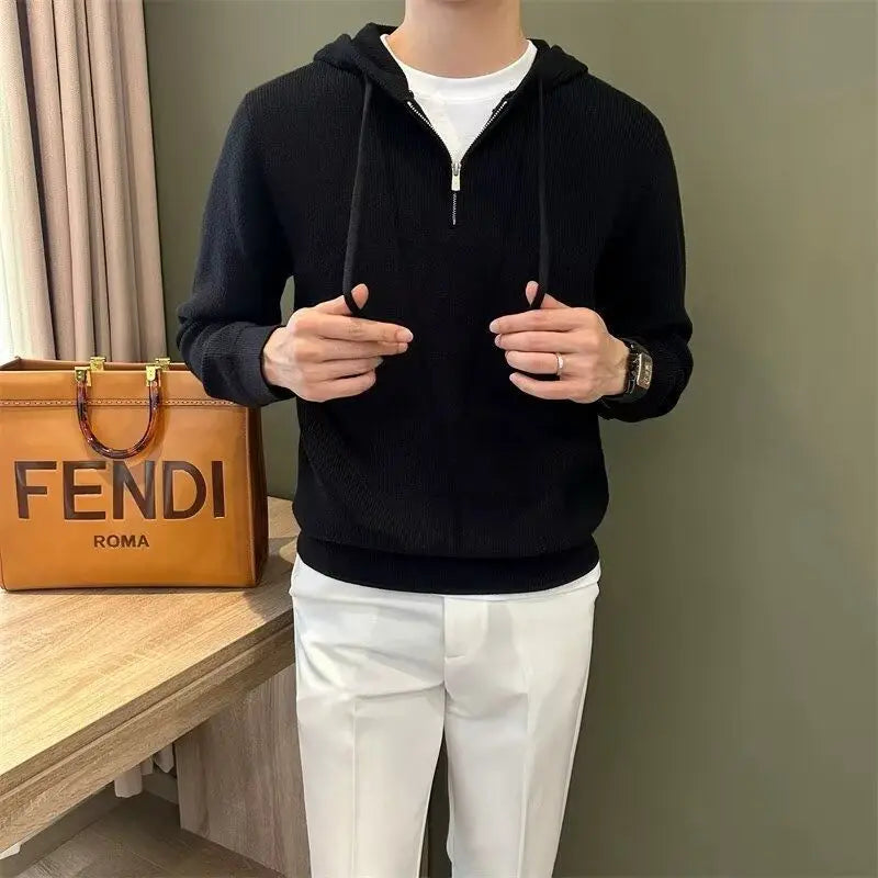 Hooded New Internet Celebrity Men's Sweater Versatile Popular Autumn Winter Solid Color Zipper Bottoming Trendy Hoodies Casual