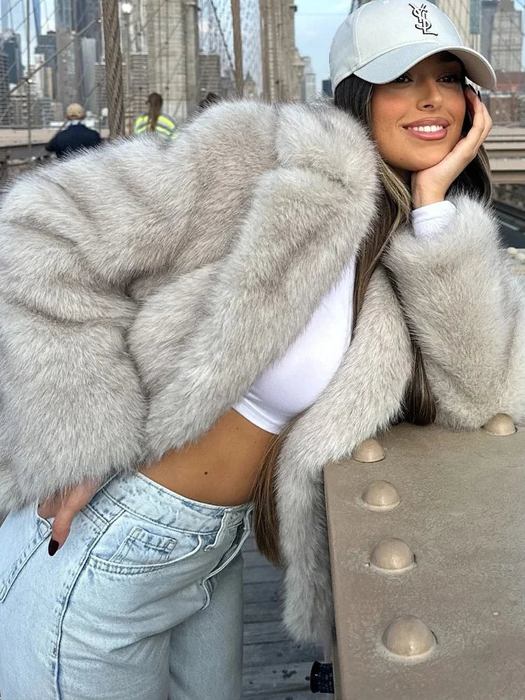 HH 2024 Women 's Vintage Soild Faux Fur Coat Turn-down Collar Long Sleeve Warm Plush Wool Coats Lady Winter Autumn Outwear
