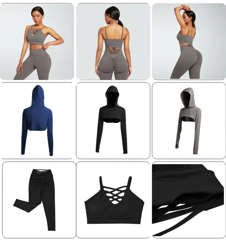 Ensemble Female 3 Pieces Yoga Set Gym Workout Clothes for Women Sport Long Sleeve Hoodie Sweater Active Wear Sport Set Tracksuit