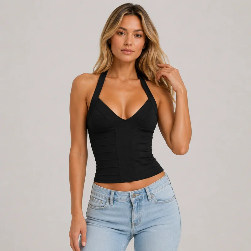 Women's Summer Tops Halter Neck Deep V Ruched Fitted Camisole Crop Top Black Top or White Top Y2K Sleeveless Party Clubwear