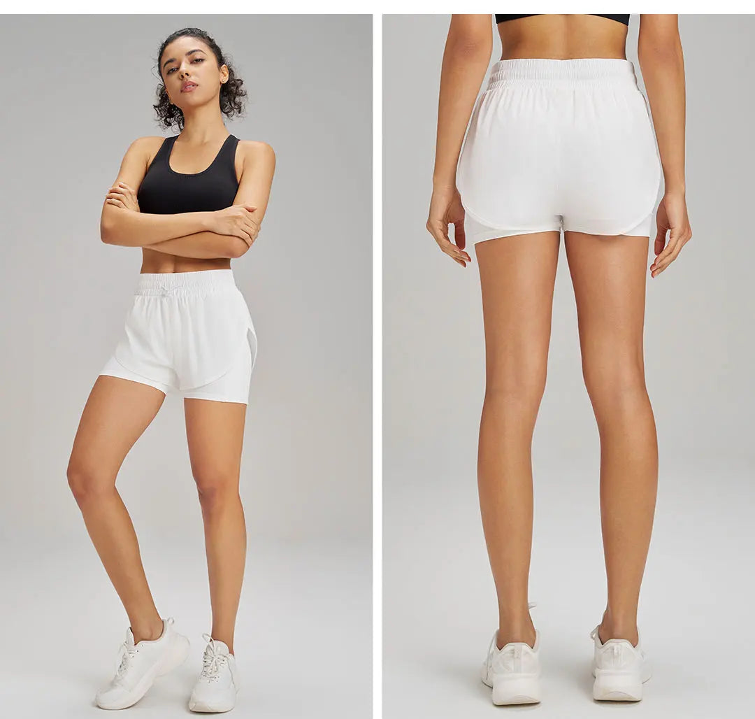 Yoga Shorts Sports Fitness Shorts High Waist Running Fake Two Pieces Anti-Shine Shorts Women's Double Layer Training Leggings