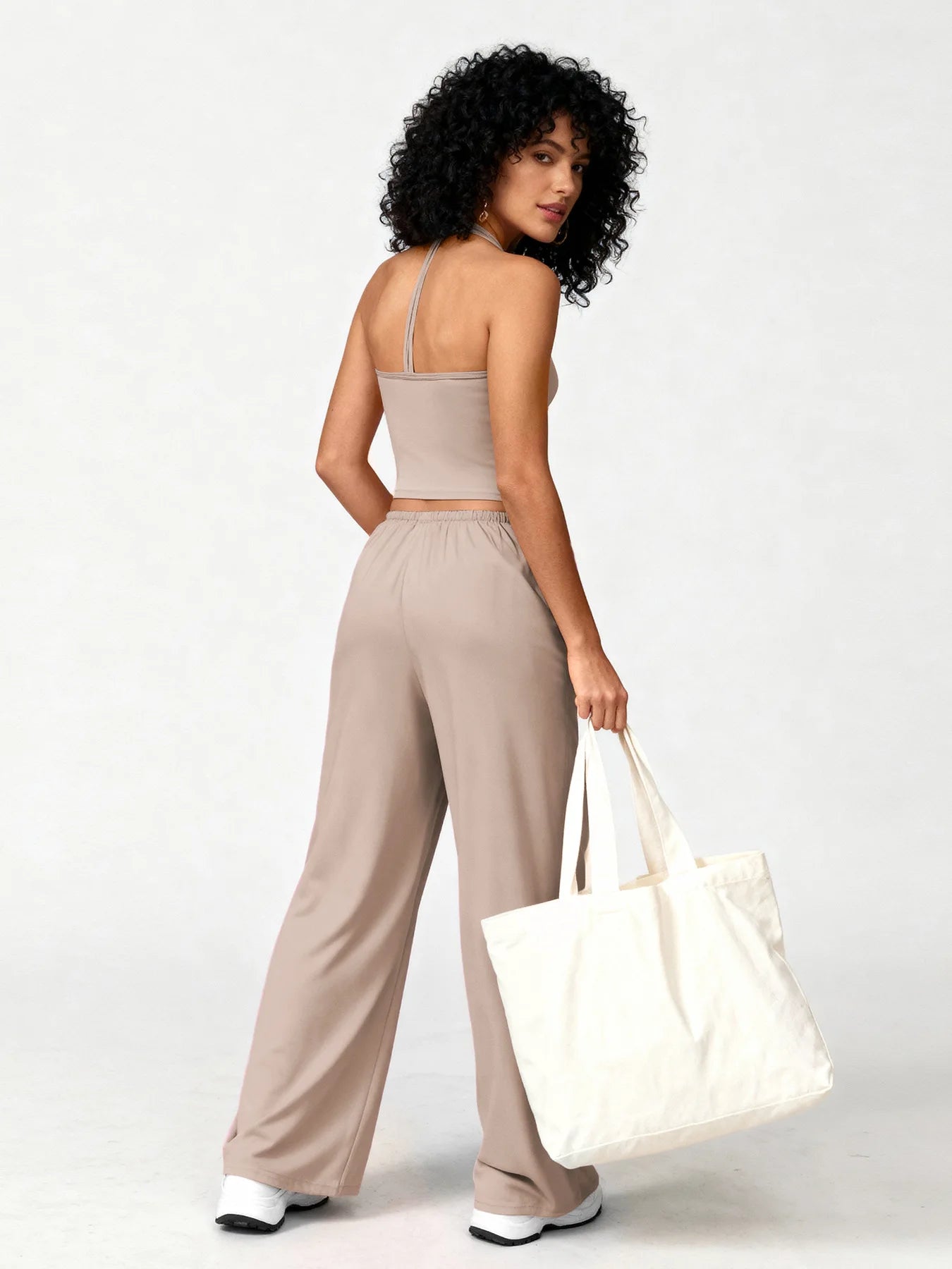 Women 2 Piece Yoga Outfit Ribbed Halter Crop Tank Top Drawstring Wide Leg Pants Set Casual Workout Gym Loungewear Tracksuit