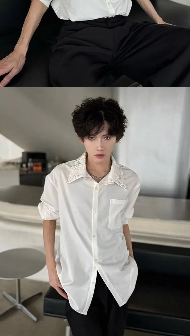 Men's Satin Shirt with Embellished Collar