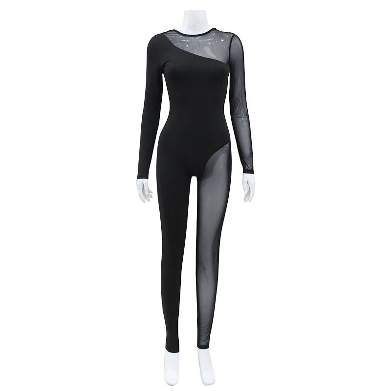 Hipster Tight Jumpsuit Woman Midnight Overalls Streetwear O-Neck Long Sleeve Zipper Sexy See Through Mesh Rompers Women Jumpsuit