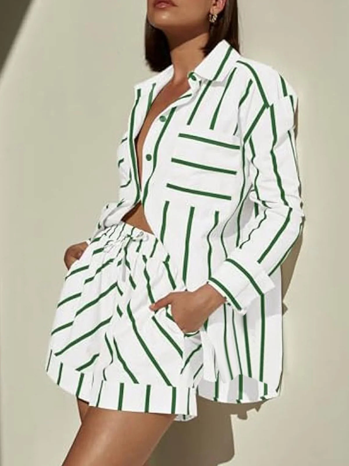 Striped Button Blouse Shorts Set