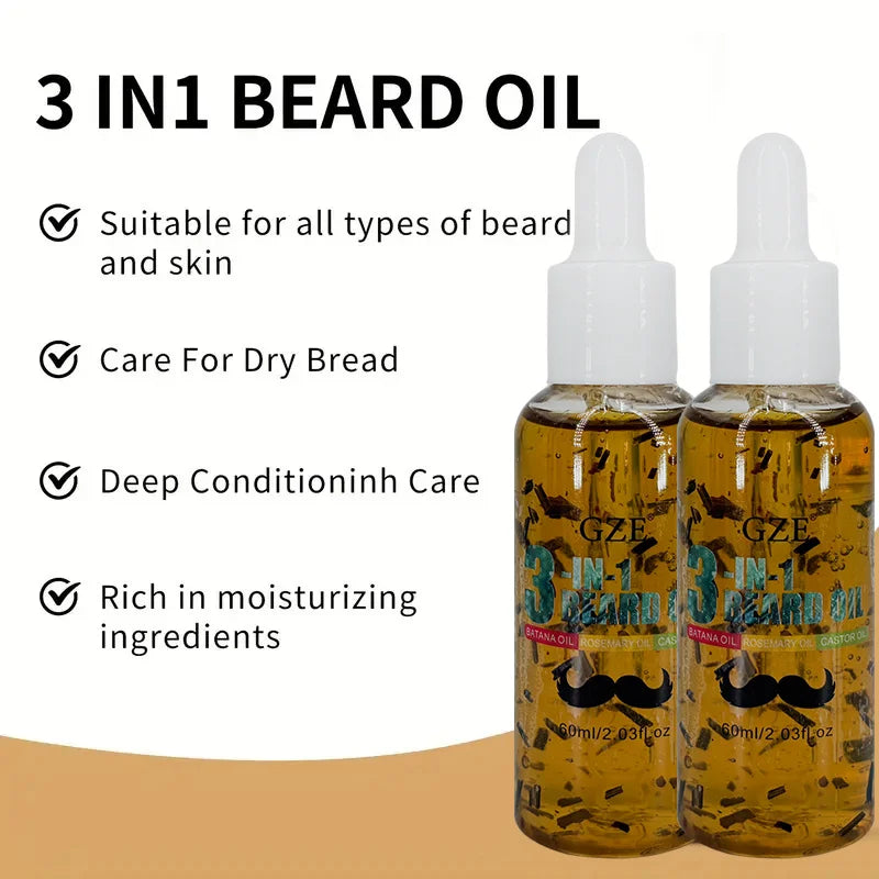 GZE 3-in-1 Beard Oil for Care - Moisturizes Beard & Conditions Skin - Eliminates Flakes - For Men with Short or Long Facial Hair