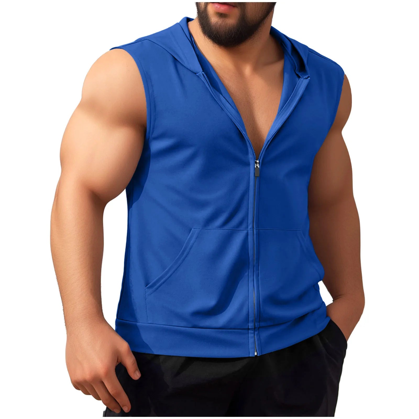 Summer New Men's Workout Hooded Tank Tops Zip-up Sleeveless Gym Bodybuilding Tees Muscle Tops Male Streetwear Casual Sweatshirts