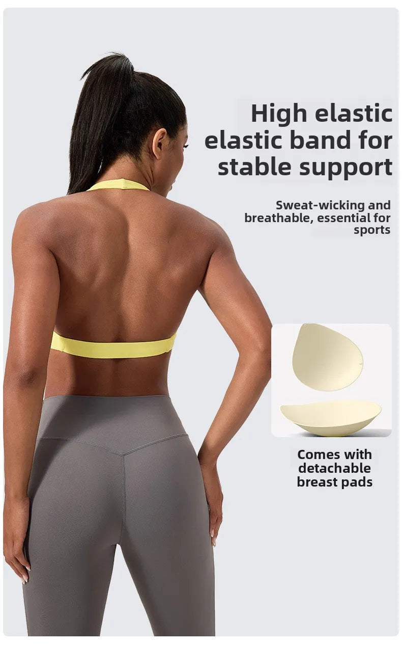 Strappy Bra for Women Open Back Halter Sports Bra Light Support Gym Crop Top Seamless Workout Yoga Top Bra Padded Bras