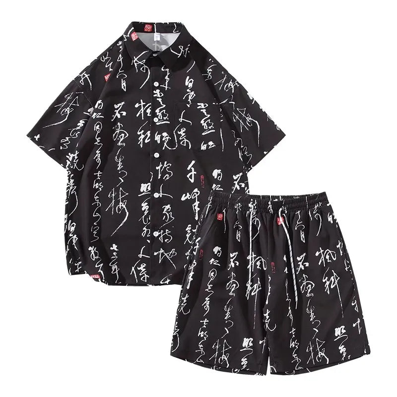 Summer Men's Tracksuit Sets Fashion Print Chinese Style Short Sleeeve Sports Casual Set Men Beach Suits Streetwear Shirts+Shorts