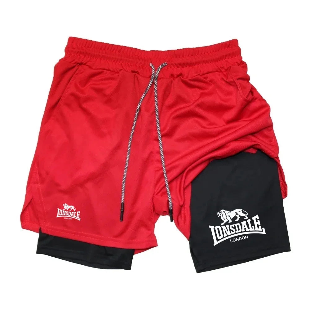 Print 2in1 Running Shorts for Men Gym Workout Compression Shorts with Phone Pocket Towel Loop Summer Sport Athletic Activewear