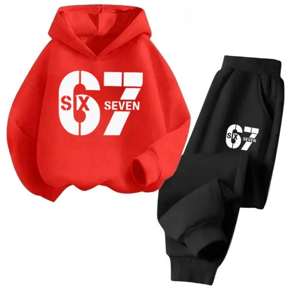 67 Hoodie Set Big Sale, 2-piece Set Suitable for Children Aged 4 To 13, Discounted Cartoon Printed Cotton Sportswear