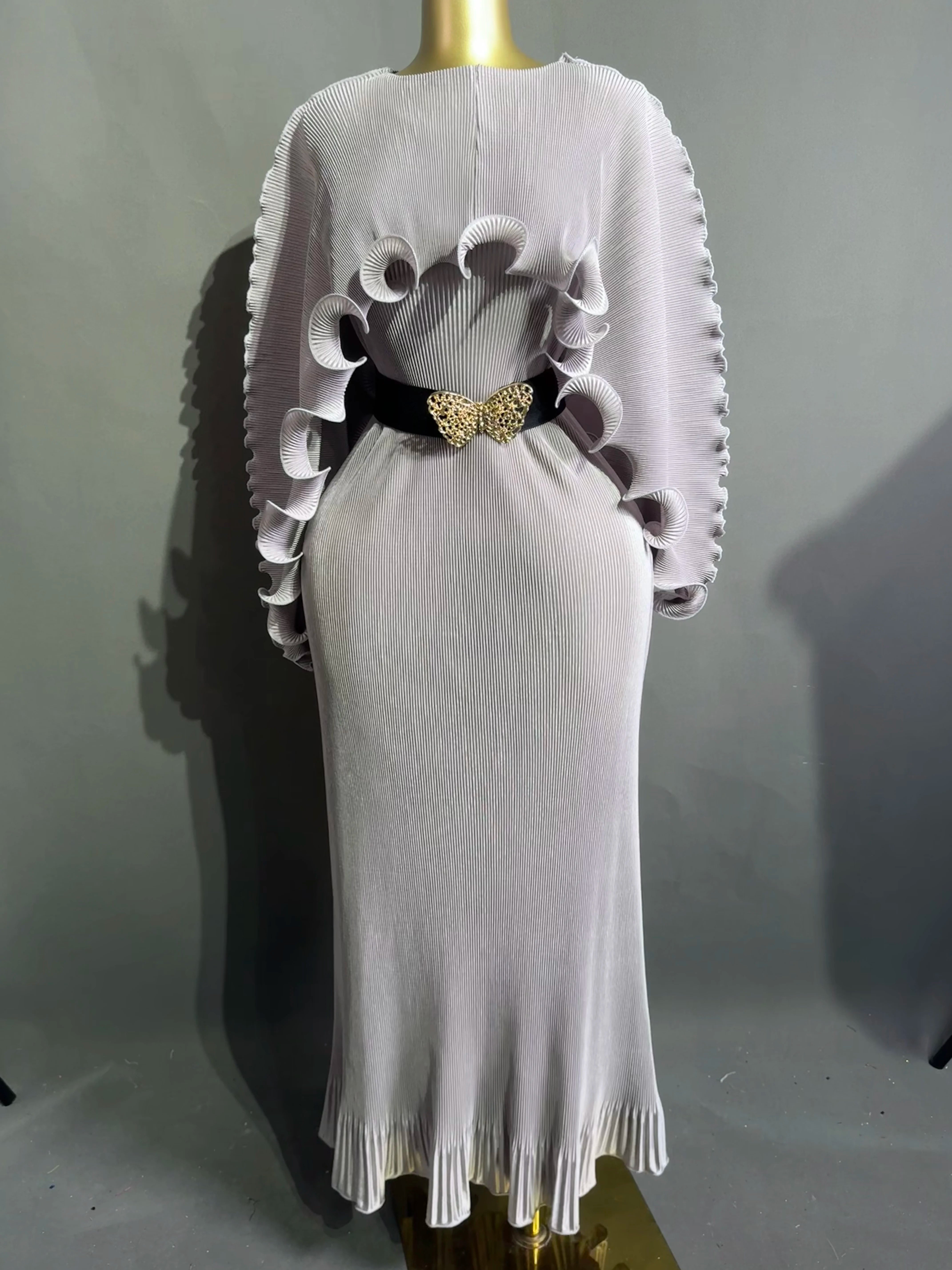 Elegant Pleated Long Dress with Butterfly Belt Women Cape Sleeve Wave Edge Ruffle Evening Party Dress