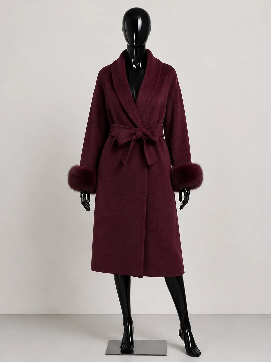 Women's Wool Coat with Fur Cuffs Minimalist Soft Wool High Fashion Belted Winter Fur Trim Coat Old Money Style Natural Fur Coat