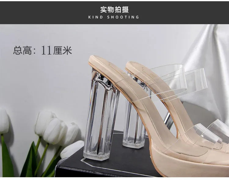 Women's High Heels, 2024 Summer New Waterproof Table with A Line Not Tired Feet Thick Crystal Slippers, Women's Shoes