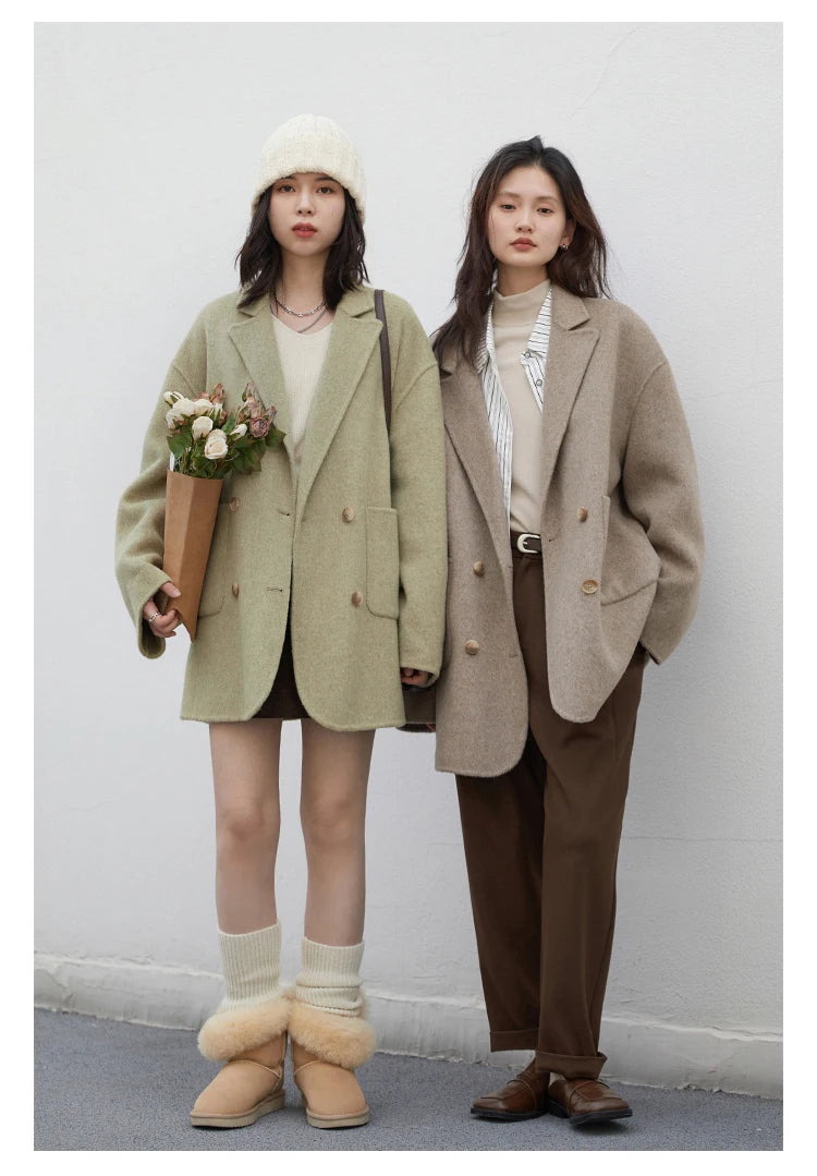 CHIC VEN Women's Woolen Coats Loose Casual Double Breasted Retro Double-sided Jacket Office Lady Outerwear Autumn Winter 2026