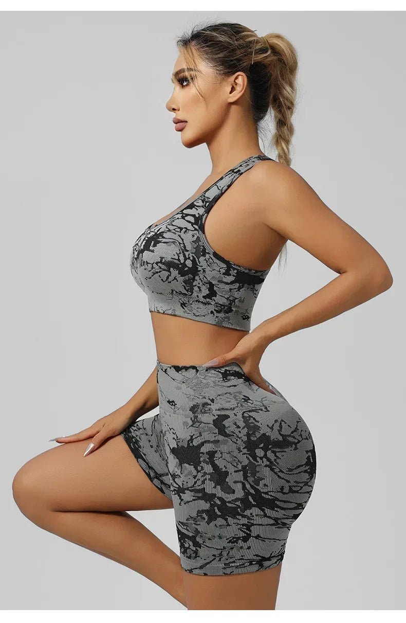 Women Seamless Tie Dye Yoga Set Quick Dry Sports Bra Shorts Lightweight Breathable Workout Outfit