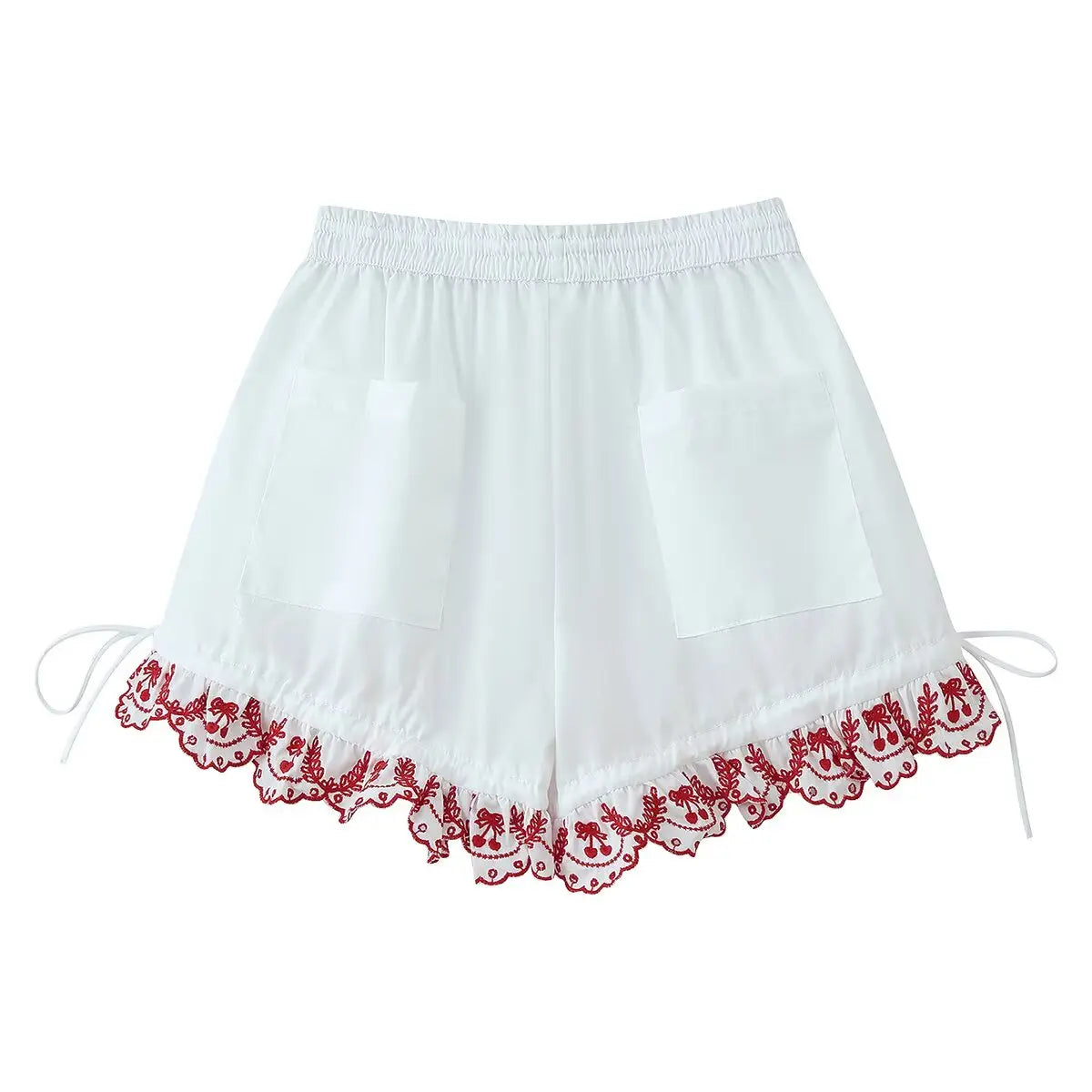 Women's Embroidered Shorts Summer New Elastic Waist With Pockets Lace-up Shorts Fashion Casual Female Shorts