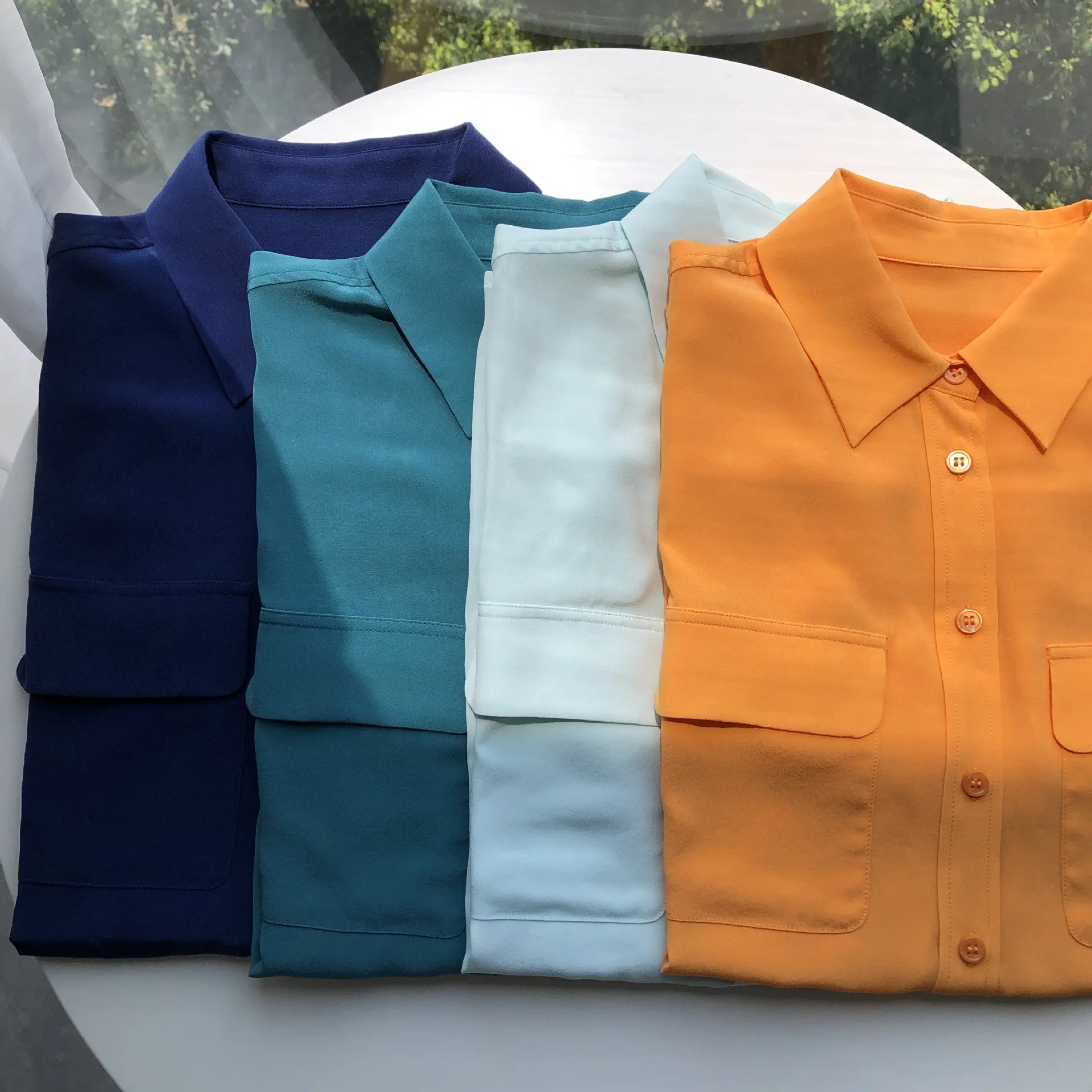 Women Real Silk Shirts Classic Double Pockets Solid Color Casual Fashion Long Sleeve Thin Shirt Blouses Tees