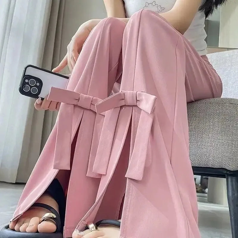 Women's Wide-Leg Pants High-Waisted with Bow Tie Detail Side Slits