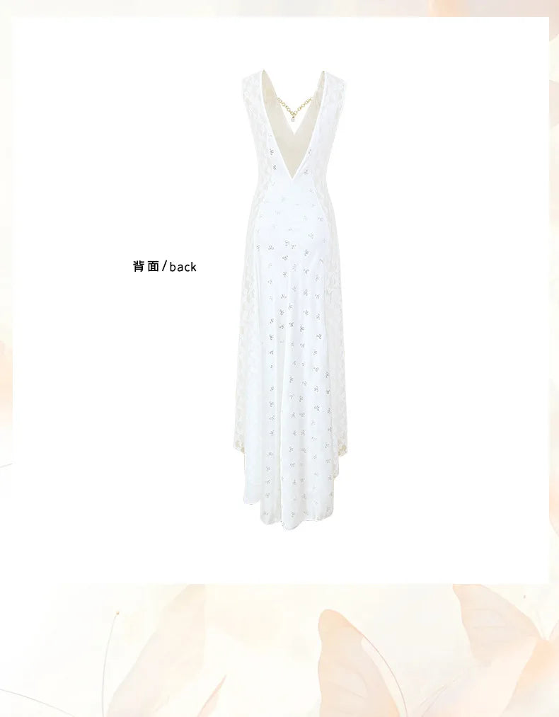 Women's Nightgown Luxury V Neck Sleeveless Night Dress Fashion Slim White Princess Long Dress Summer Ladies Sleepwear Vestido