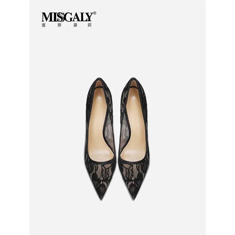 Black Lace High Heels for Women, 2026 New Slim Heel Pointed Sexy Versatile French Spring and Summer Breathable Single Shoes