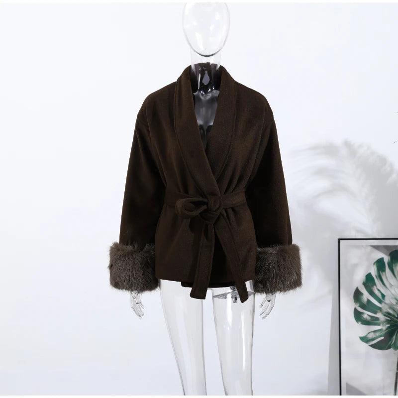 Elegant Women's Lace Up Woolen Coats Solid Full Sleeve Turn-down Collar Loose Lady Coats 2025 Autumn Winter Female Streetwear