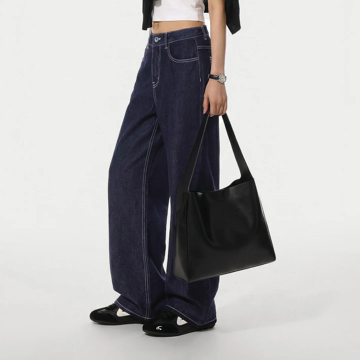 Maden Women's Vintage 12.4oz Washed Denim Jeans Straight Wide-Leg Casual Loose Fit Blue Trousers For Spring and Fall Streetwear