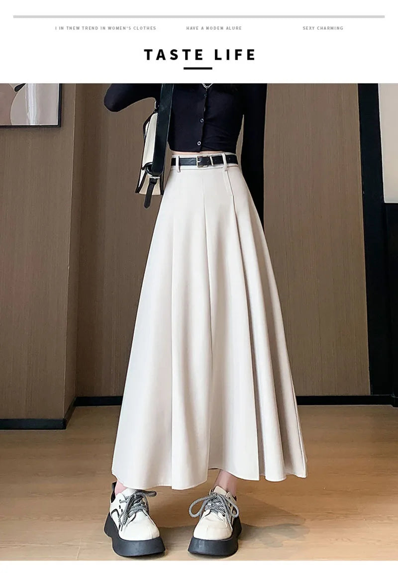 Elegant Skirts for Women Korean Style Long Skirt Female Black Pleated Midi Skirt Women's Clothing Office Lady Skirts Outfits New