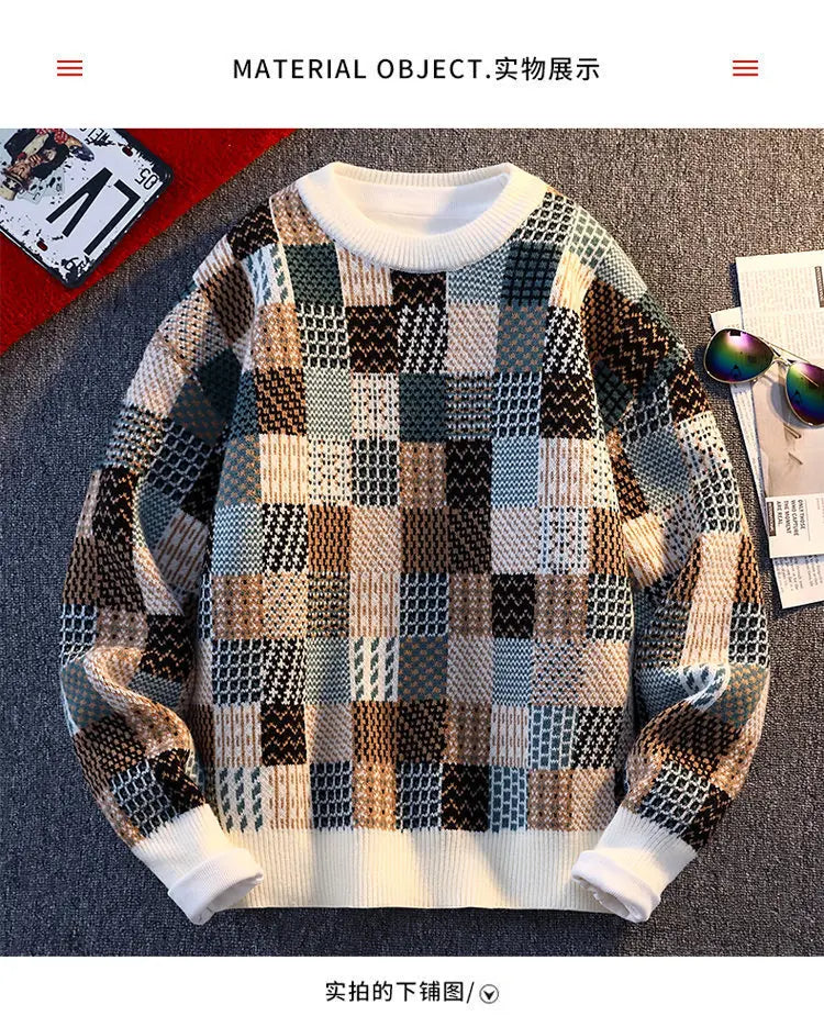 New Fashion Men Plaid Pullover Winter Sweaters Outwear Loose Casual Knitted Sweaters Male O-neck Pullovers Sweatercoats Size 4XL