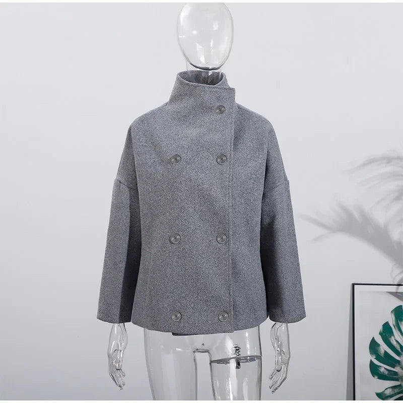 2025 Autumn Woolen Coats Women Casual Double Breasted Stand Collar Female Office Short Jackets Chic Lady Loose Street Outwear