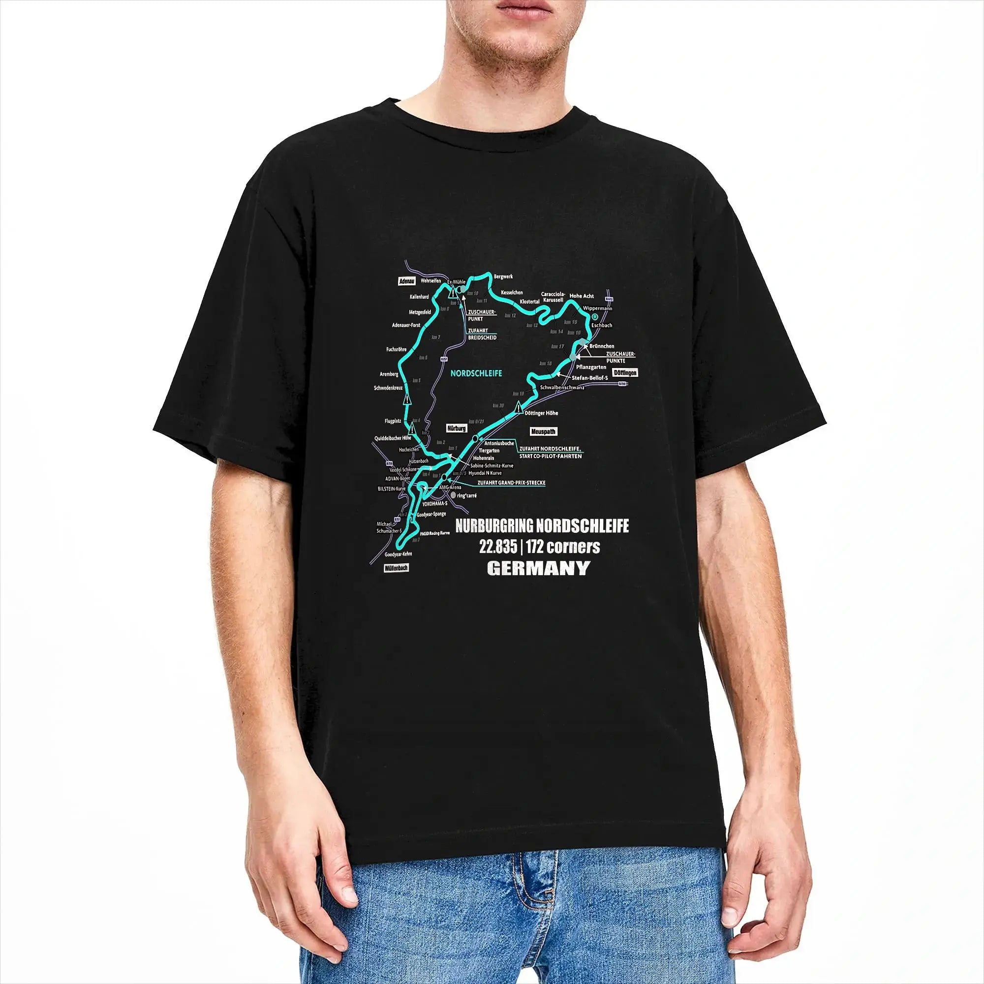 Men T-Shirt Nürburgring Nordschleife Germany Track Map Photographic Blue Print T Shirts Trending Beach Tees  Casual 1Cotton Tops