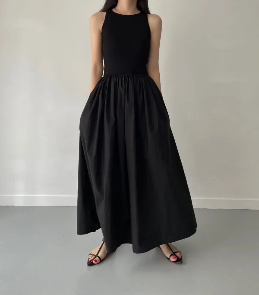 Female Fashion Style Dress New Summer Simple Elegant Black Long Dresses For Women Round Neck Sleeveless High Waist Temperament