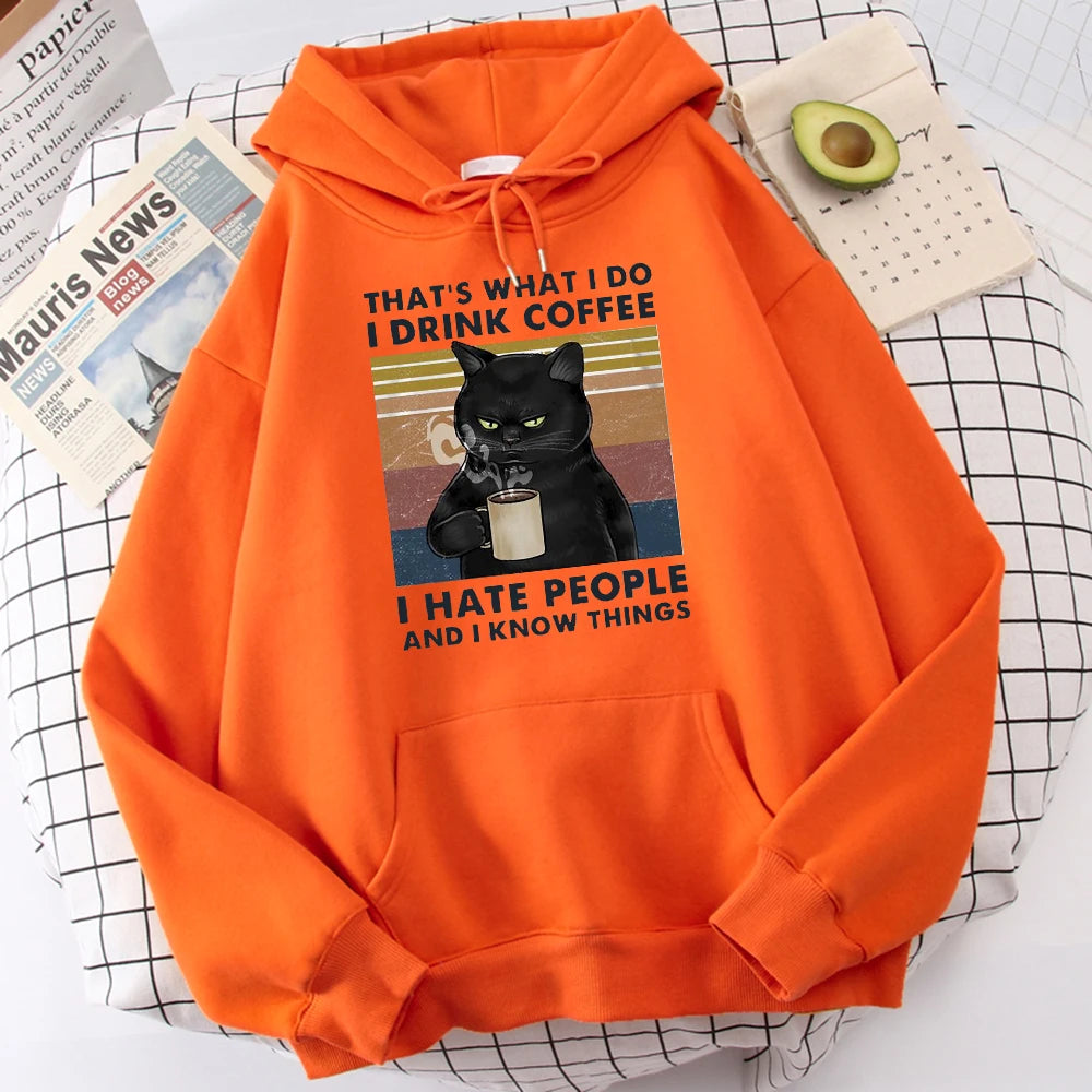 Men's fashion hoodie, high-quality cat drinking coffee print hoodie, fashionable casual hoodie, Harajuku hoodie