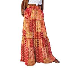 Women's Bohemian Skirts Vintage Elastic High Waist A-Line Skirts Tiered Long Skirts with Pockets