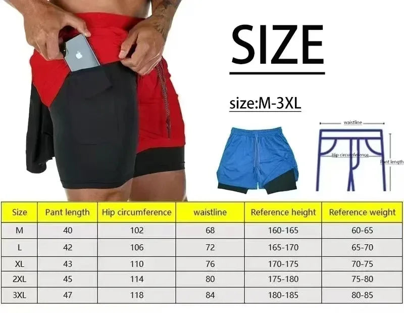 2025 trendy street style fitness shorts for men, quick drying gym training, jogging, double-layer sports shorts
